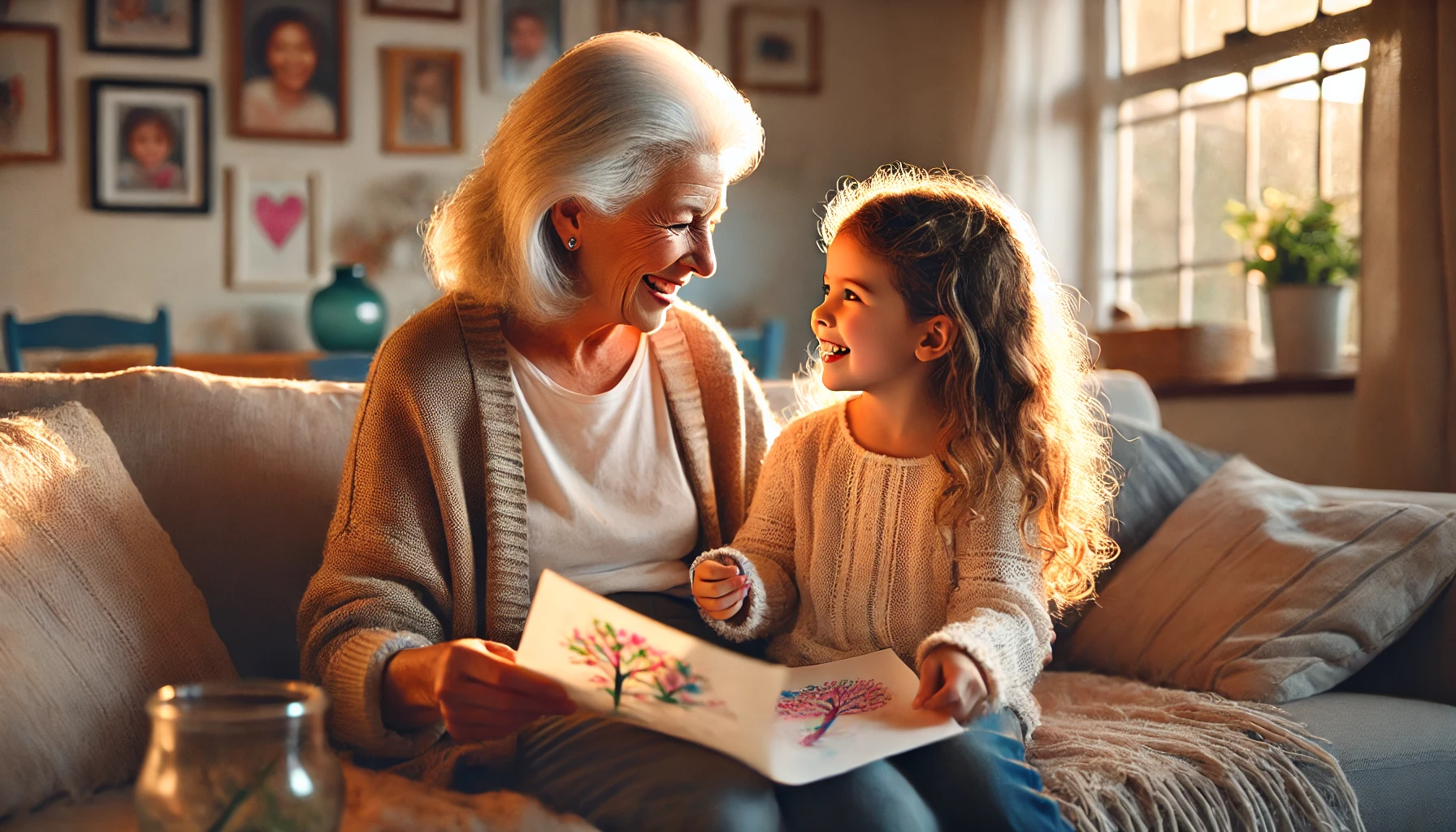 Grandmother and young granddaughter sharing a loving moment on a cozy living room sofa with sunlight streaming through the window.