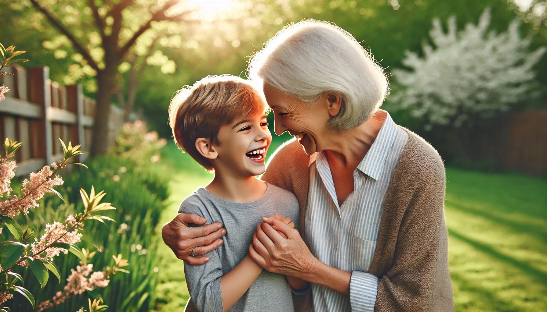 Grandmother and young grandson sharing a loving moment on a cozy living room sofa, sunlight streaming through window.