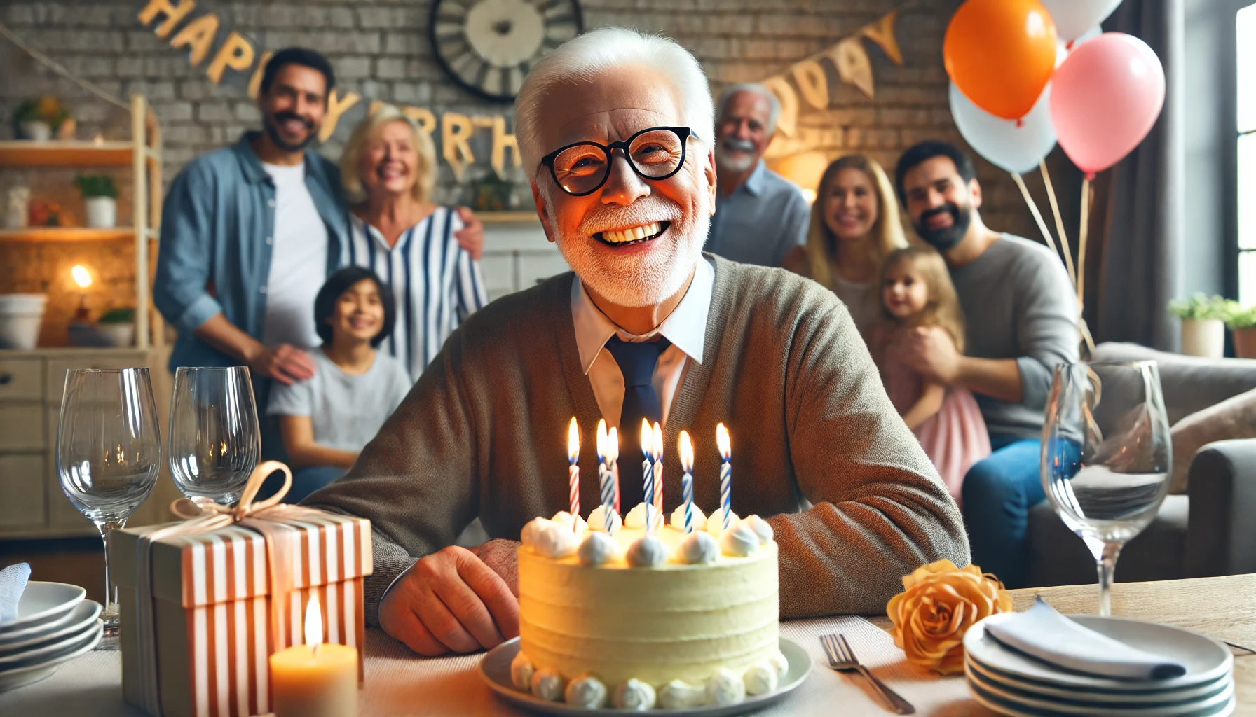 Happy Birthday Pépère enjoying his special day with cake, candles, and family around