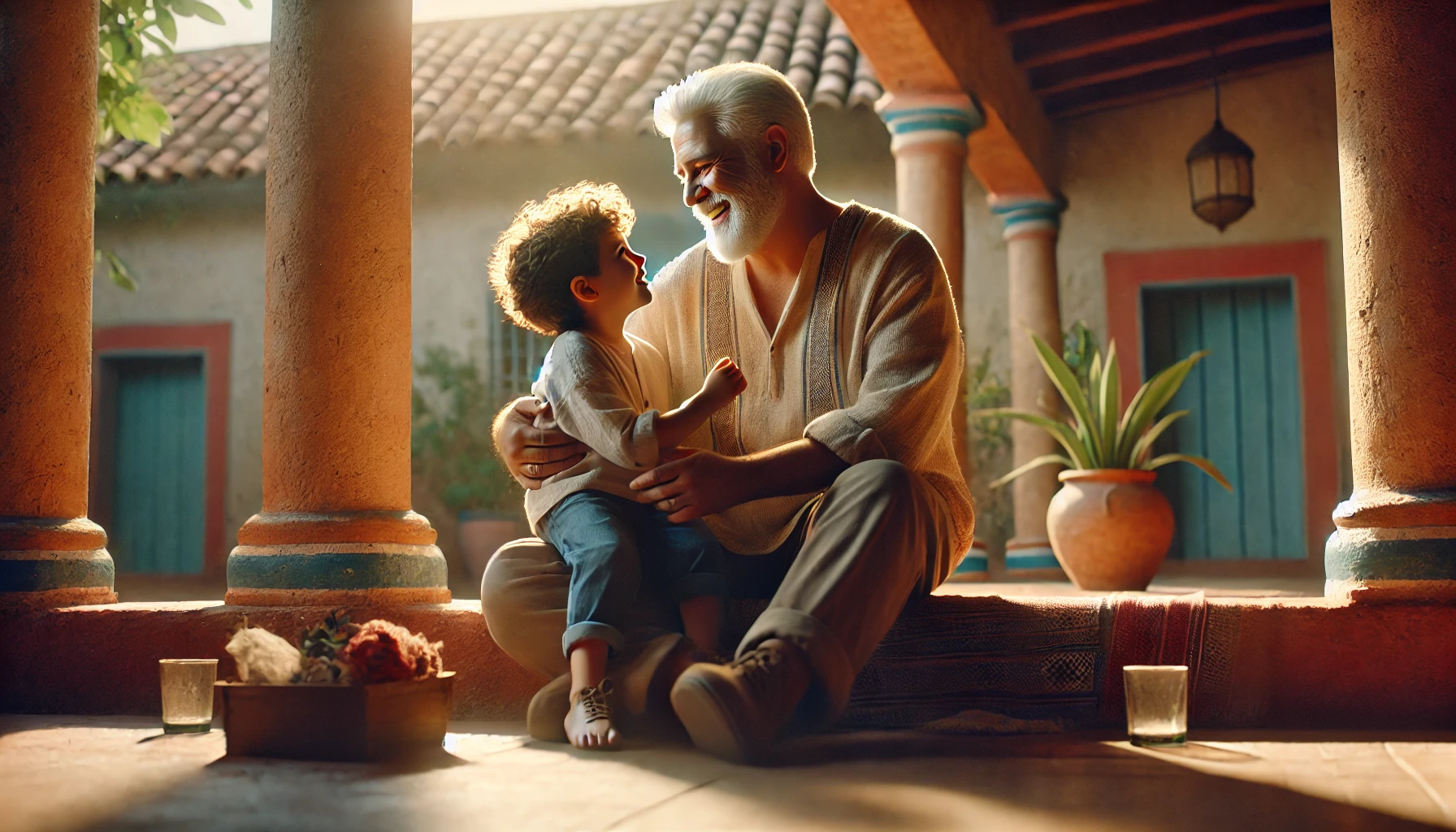 Grandchild hugging Paw-Paw on the porch during sunset.