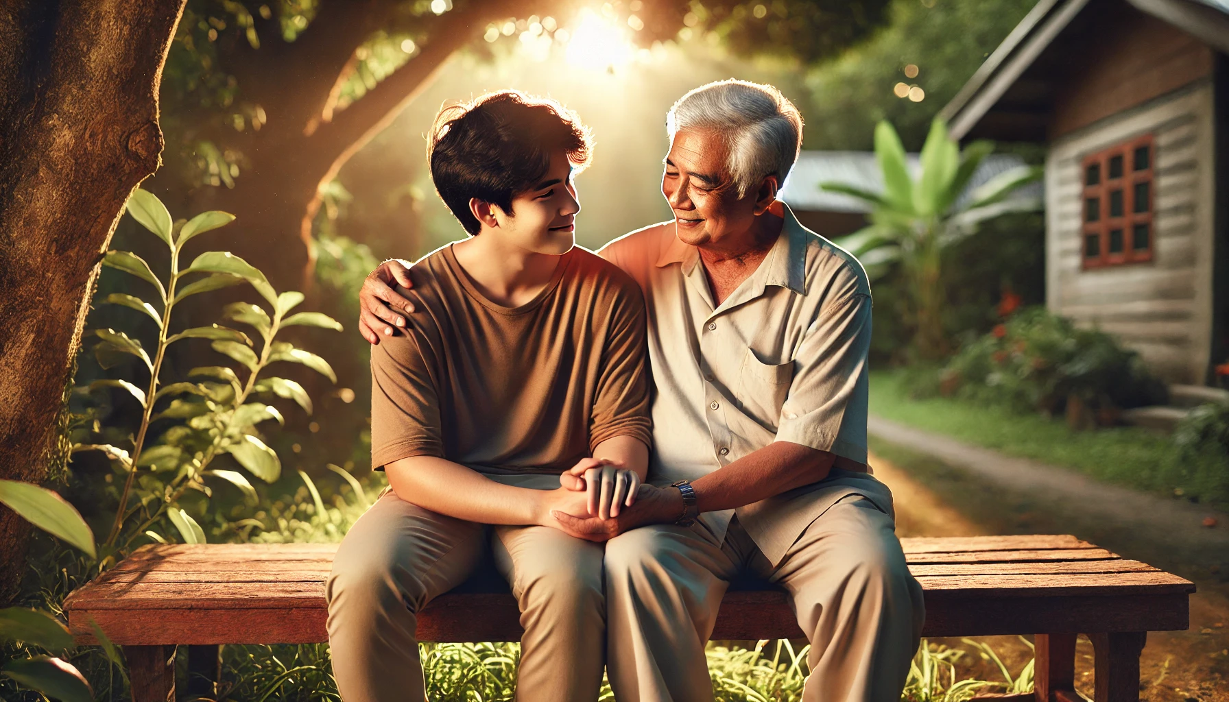 Father hugging grown-up son with genuine emotion