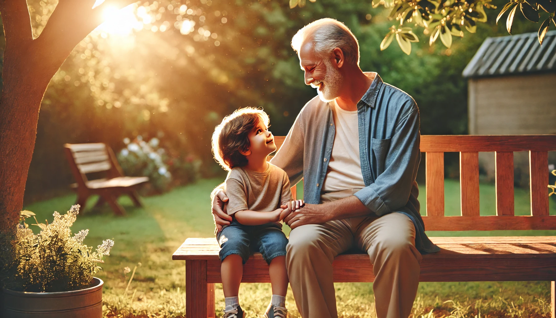 G-Pa and grandchild laughing on the porch - a moment full of love.