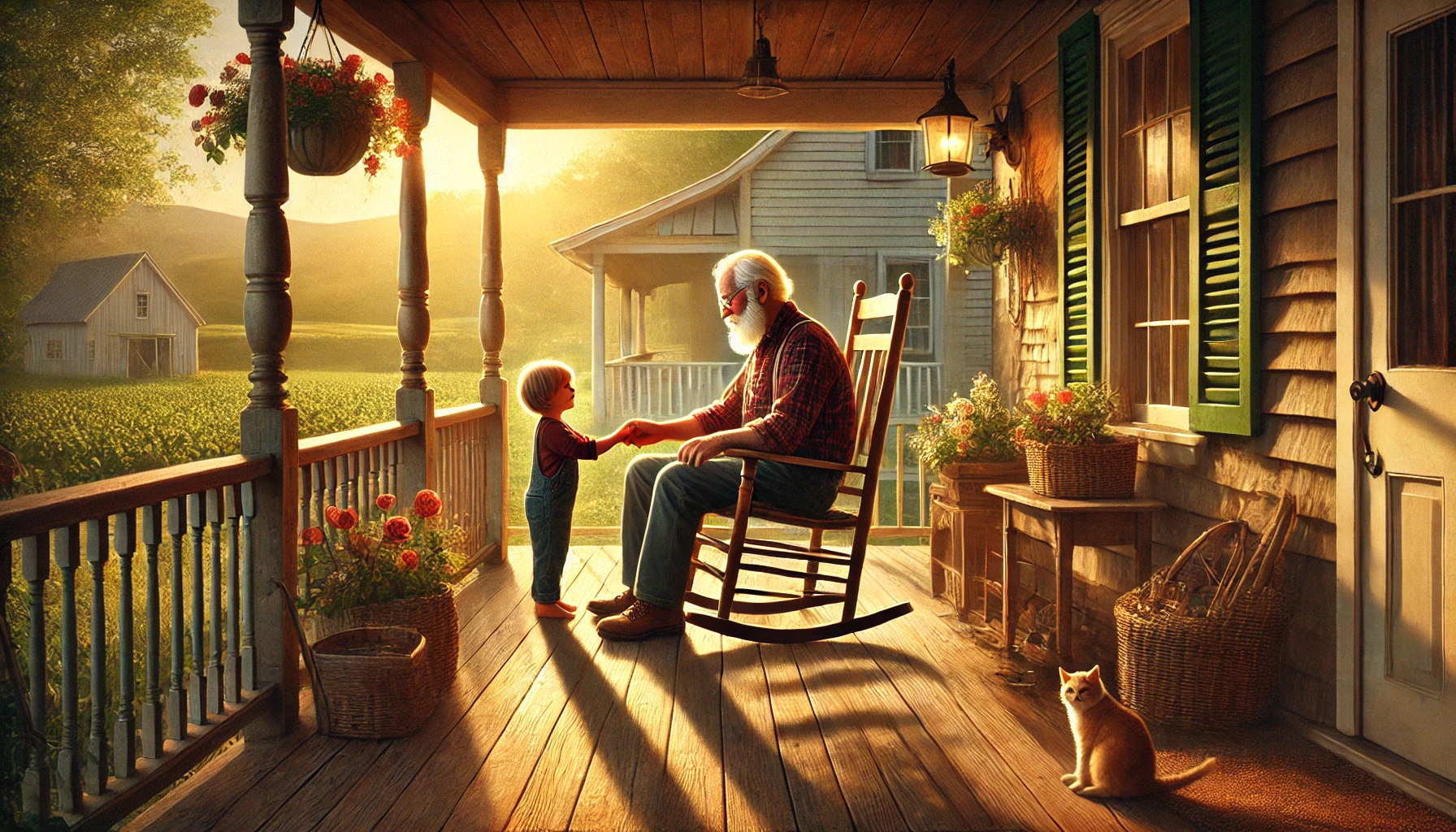 Poppi laughing with his grandkids on the porch.