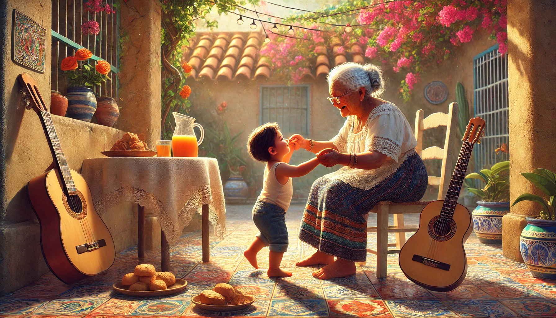 Mimi and grandchild baking together in a sunny kitchen