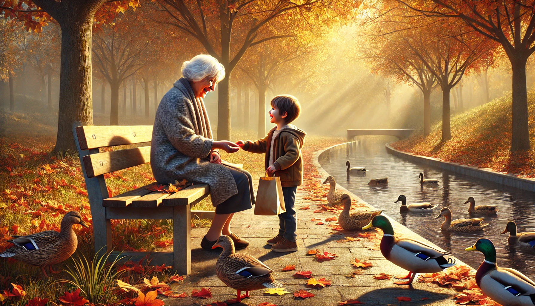 Child giving Granny a hug in the park.