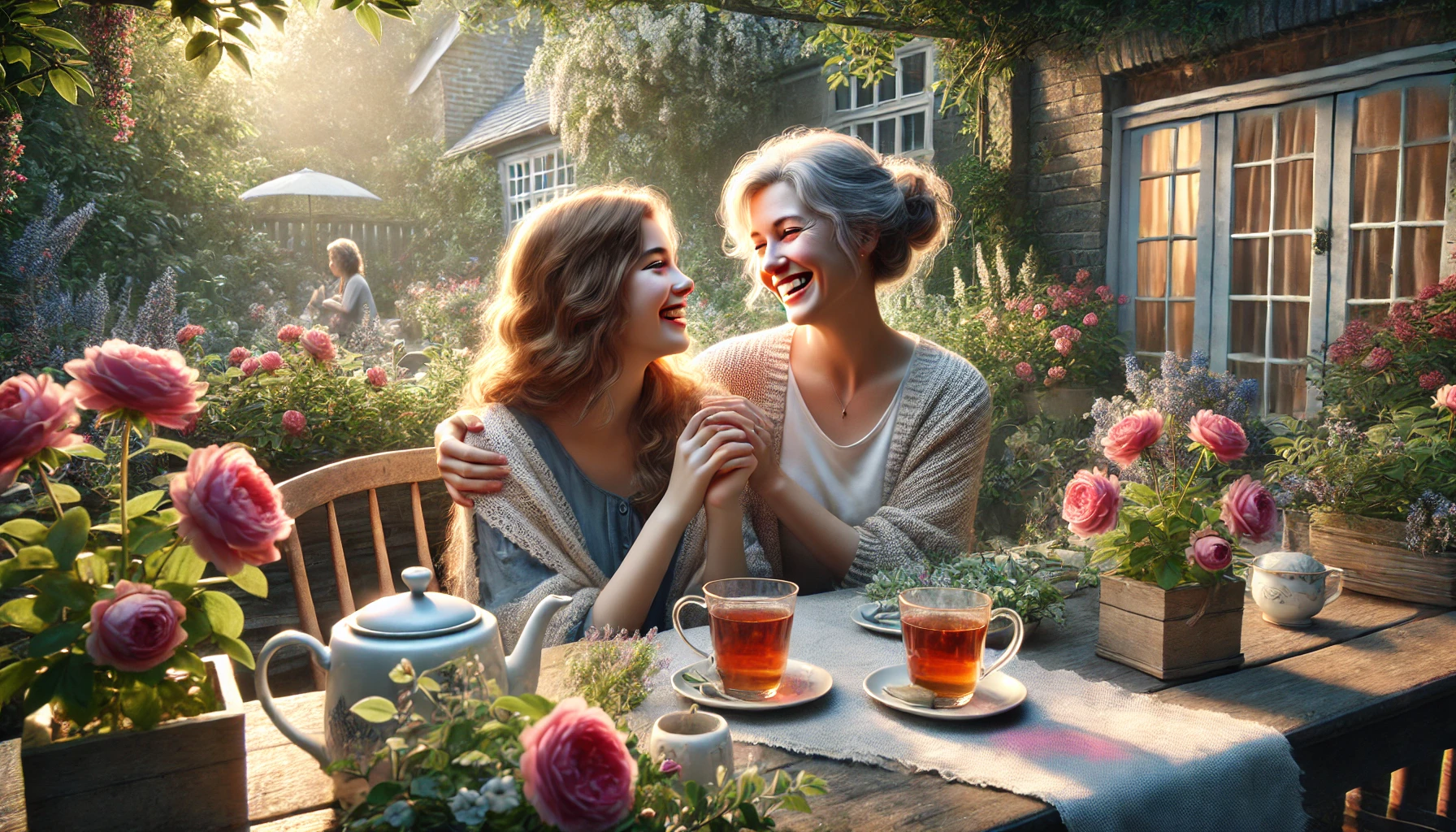 Two sisters laughing together on a summer day