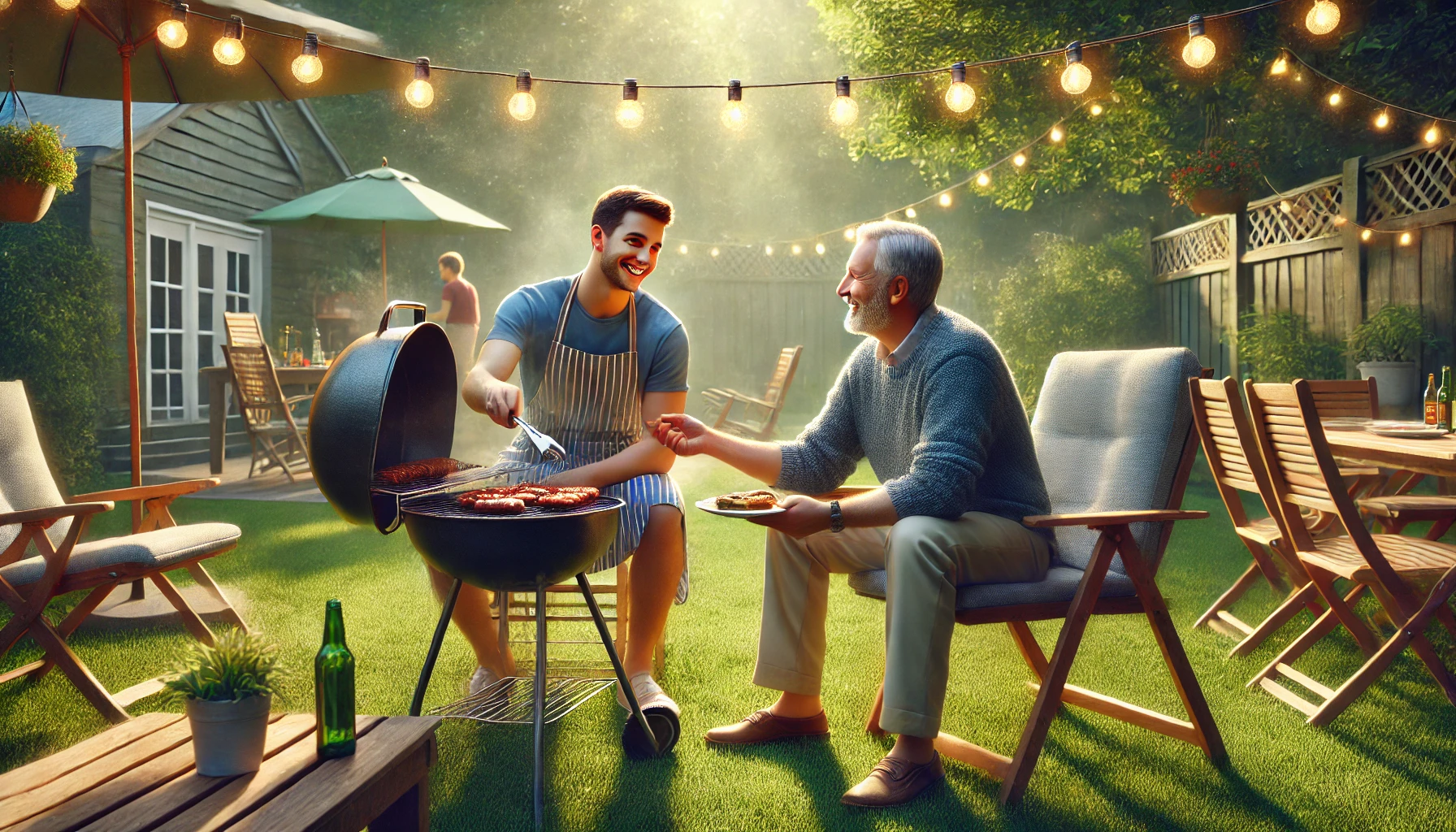 Two brothers laughing together at a family barbecue