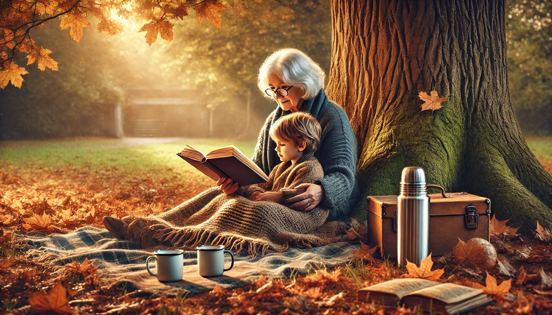 Grandmother and grandchild reading a book in the park.