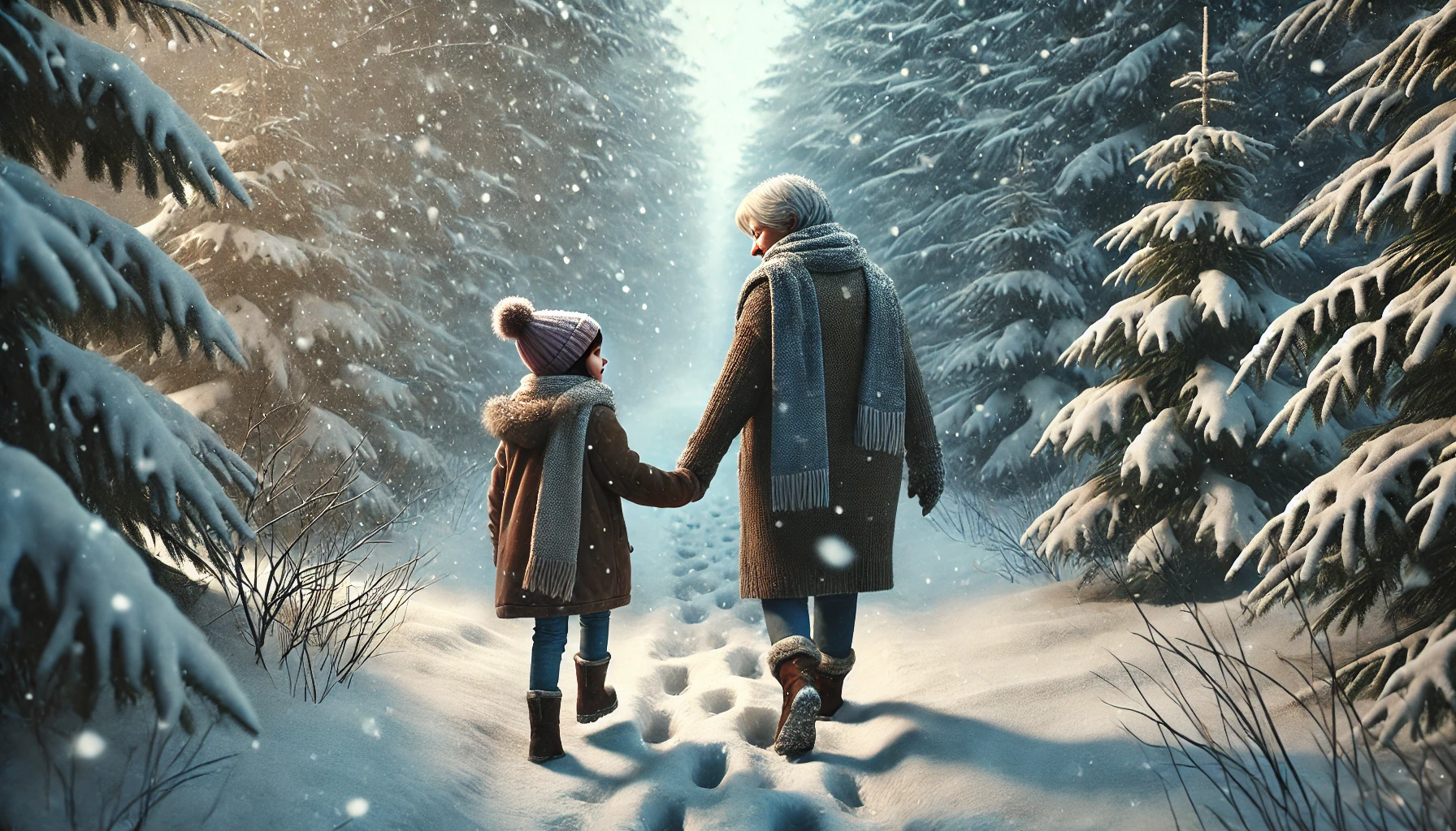 Gram and child walking in the snow
