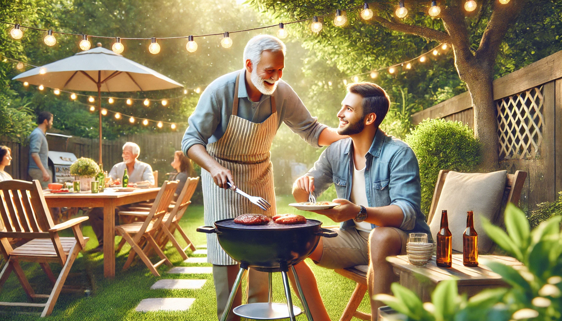 Father-in-law laughing with his son-in-law at a backyard barbecue