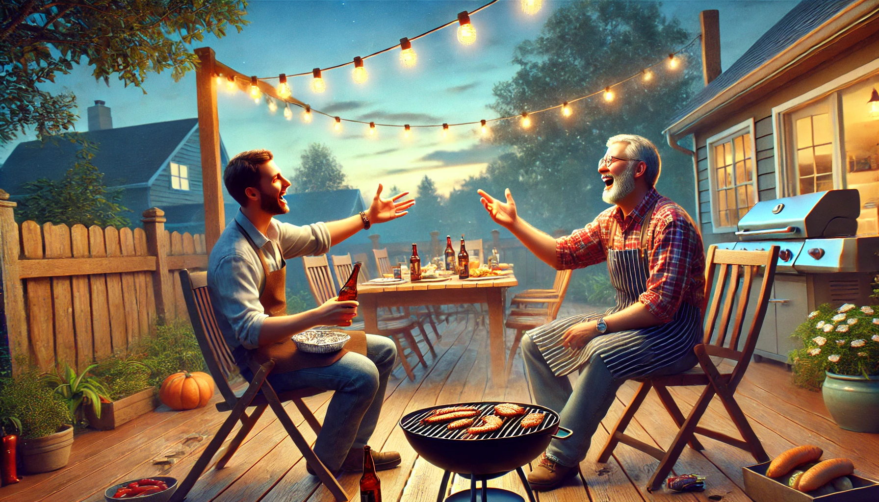 Son-in-law laughing with his in-laws at a backyard BBQ