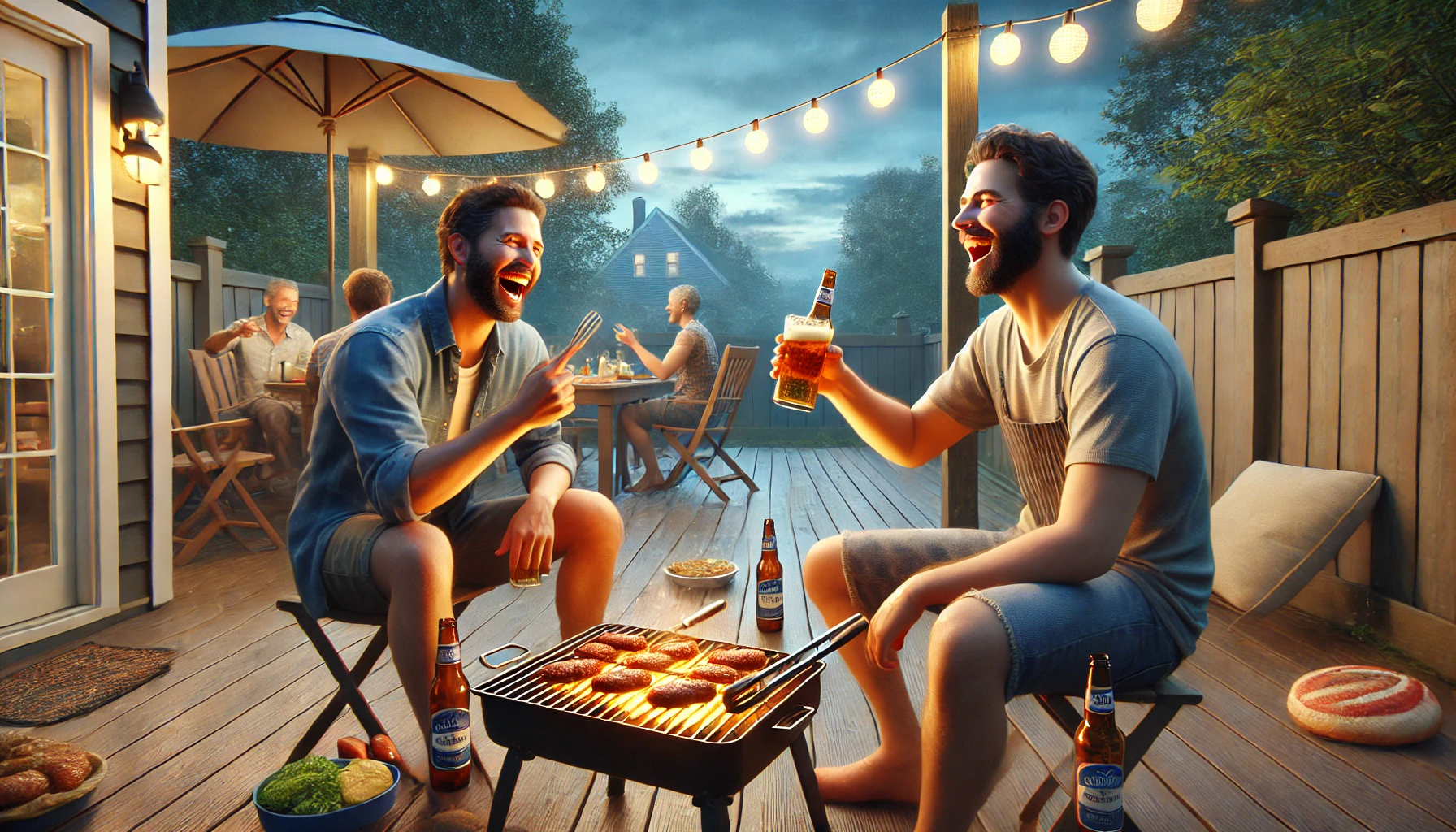 Two brothers-in-law laughing together at a family barbecue