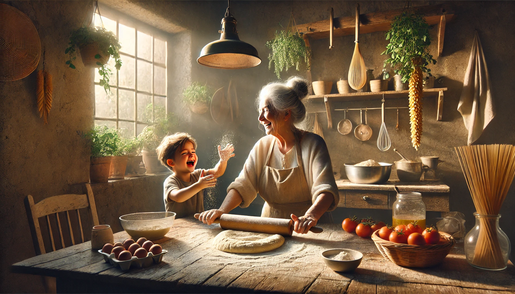 Mémère baking with her grandchild in a sunlit kitchen