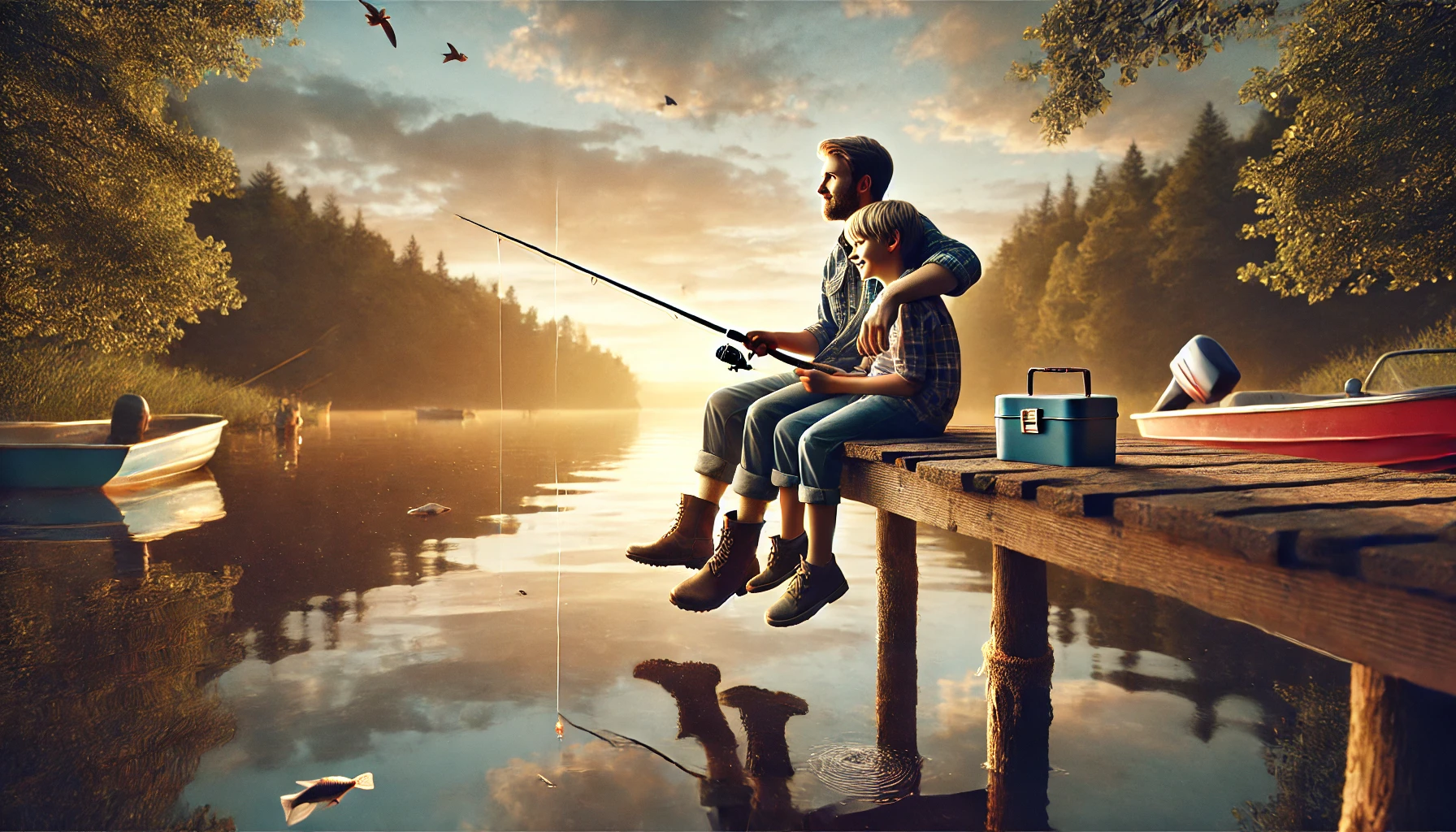 Stepfather hugging his stepchild while fishing