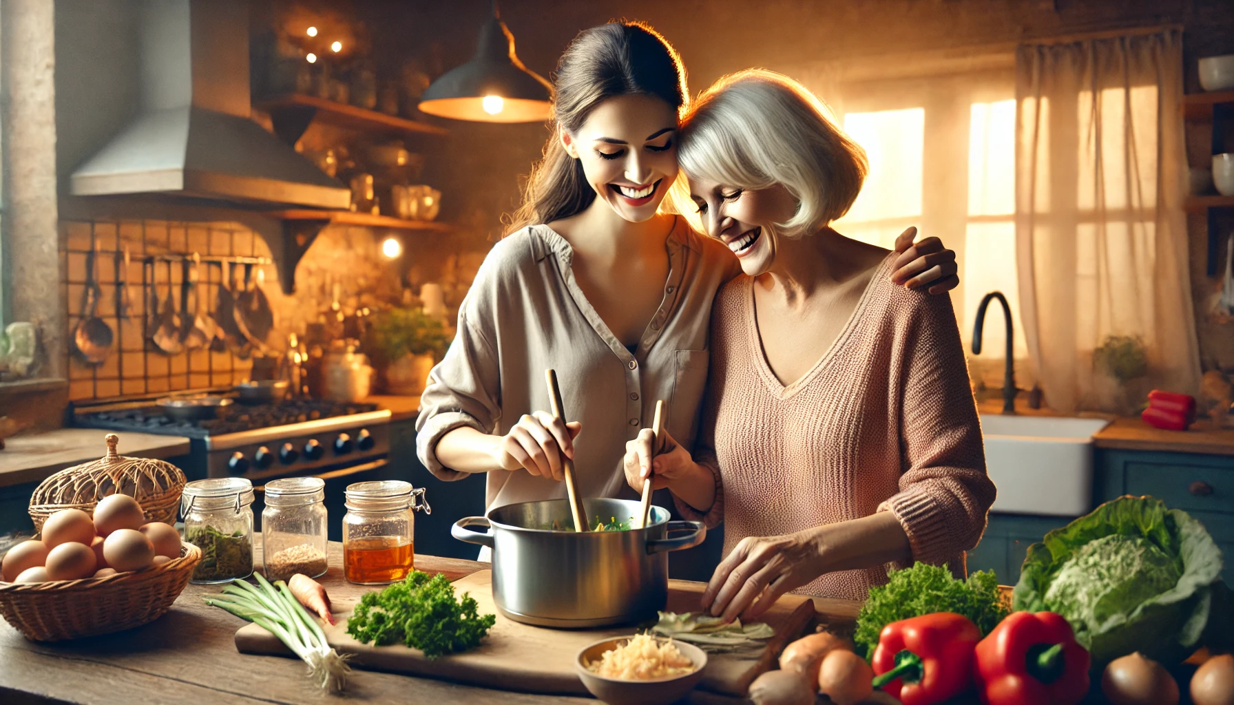 Mother-in-law and daughter-in-law laughing together while cooking in the kitchen