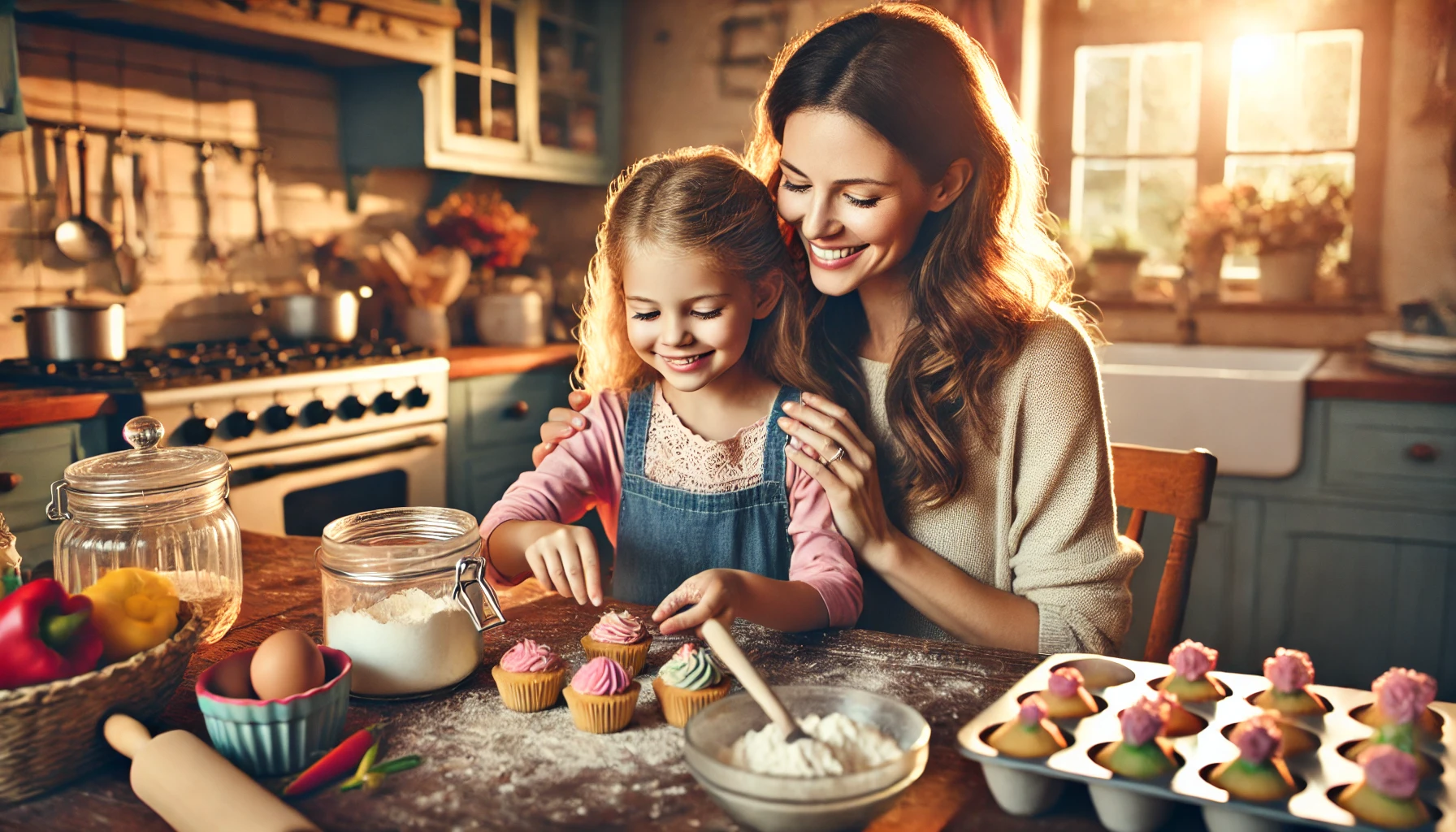 Two cousins laughing together in a family kitchen