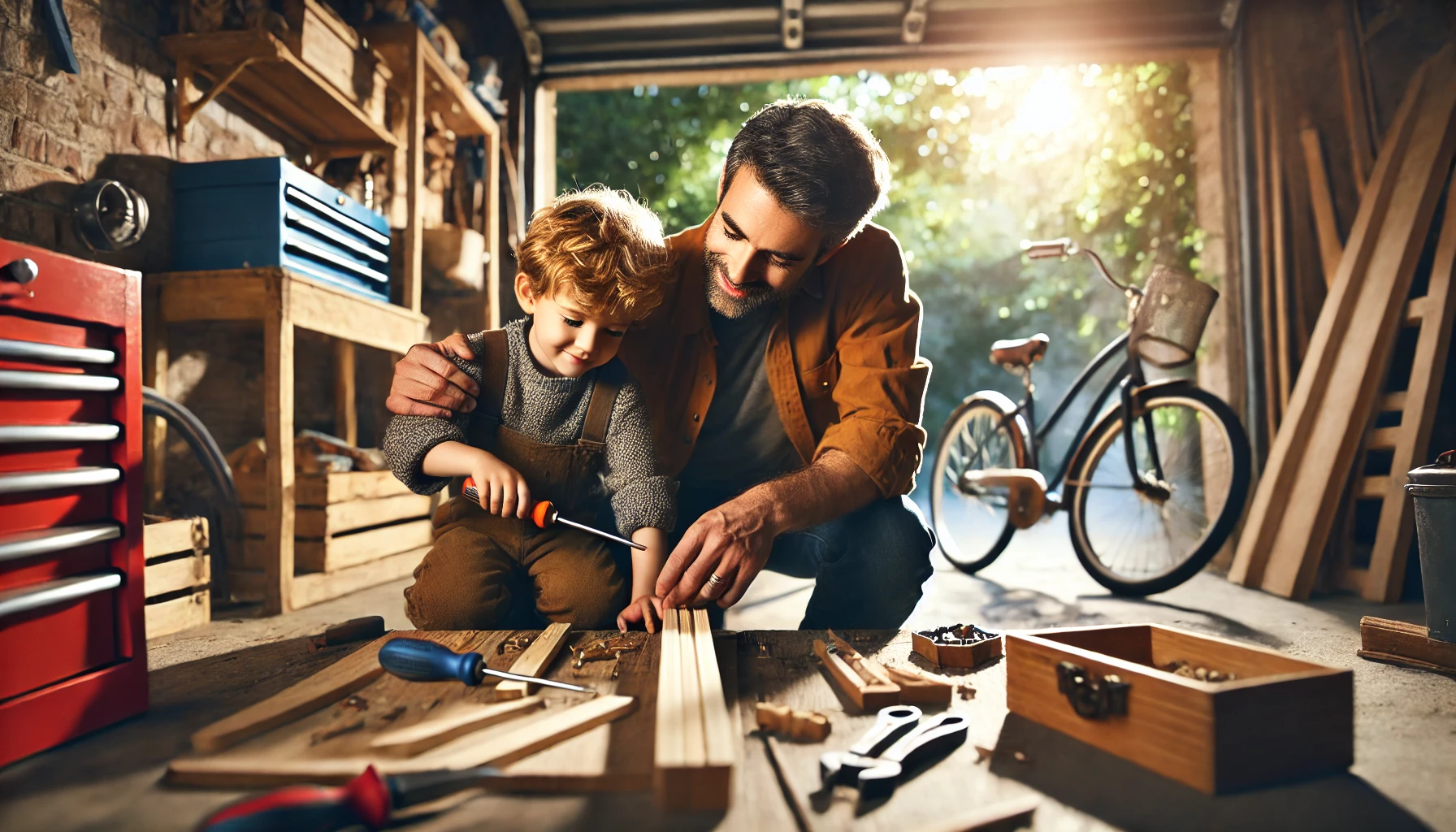Uncle teaching his nephew how to fix a bike in the garage