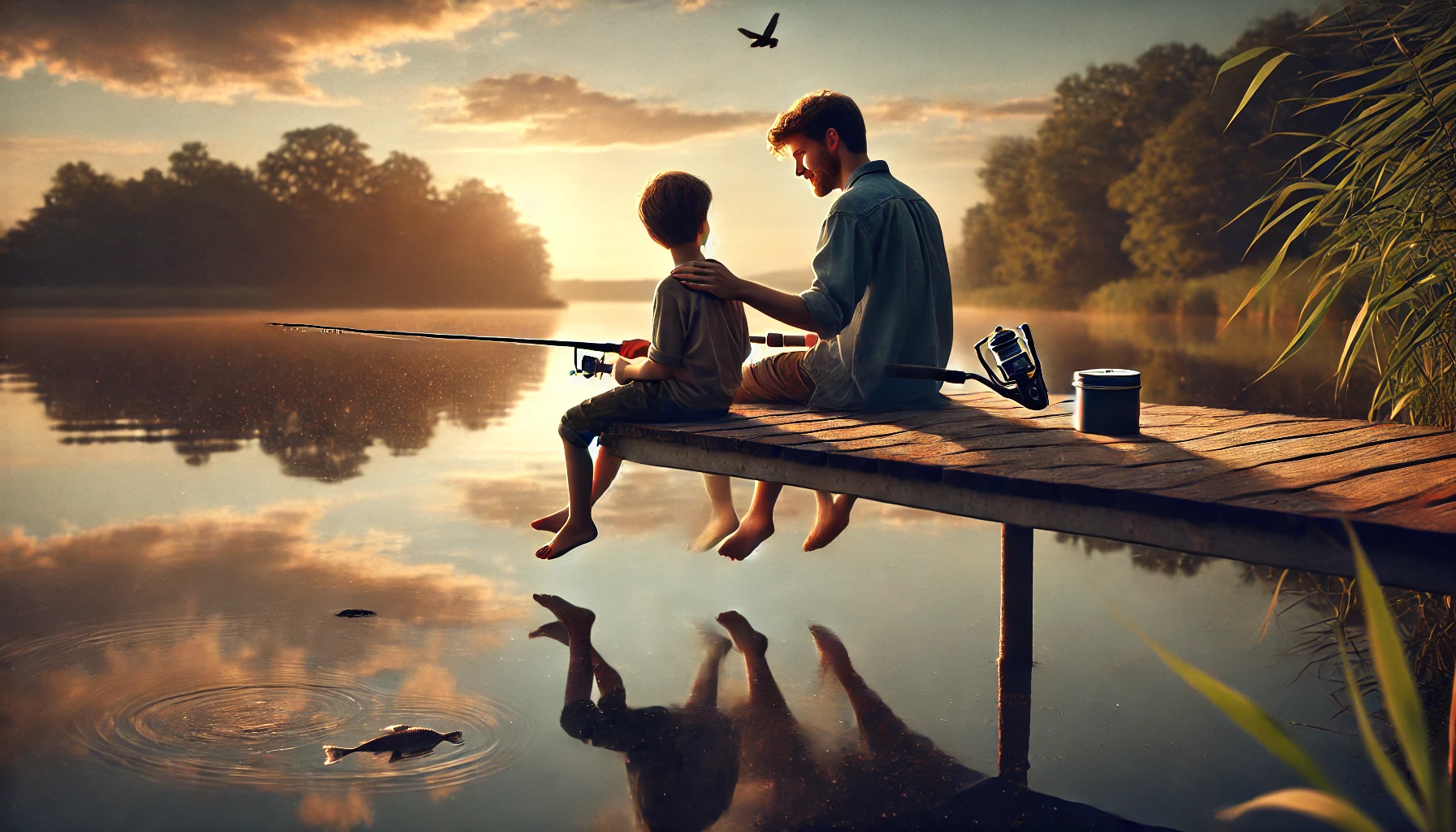 Uncle fishing with his teenage nephew at a local park