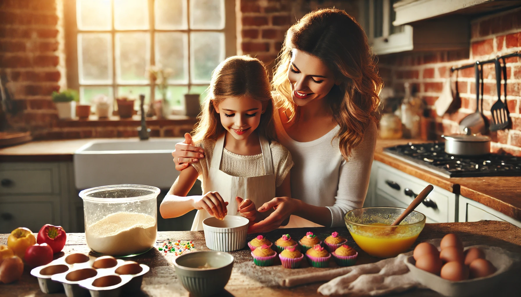 Aunt and niece laughing together while baking