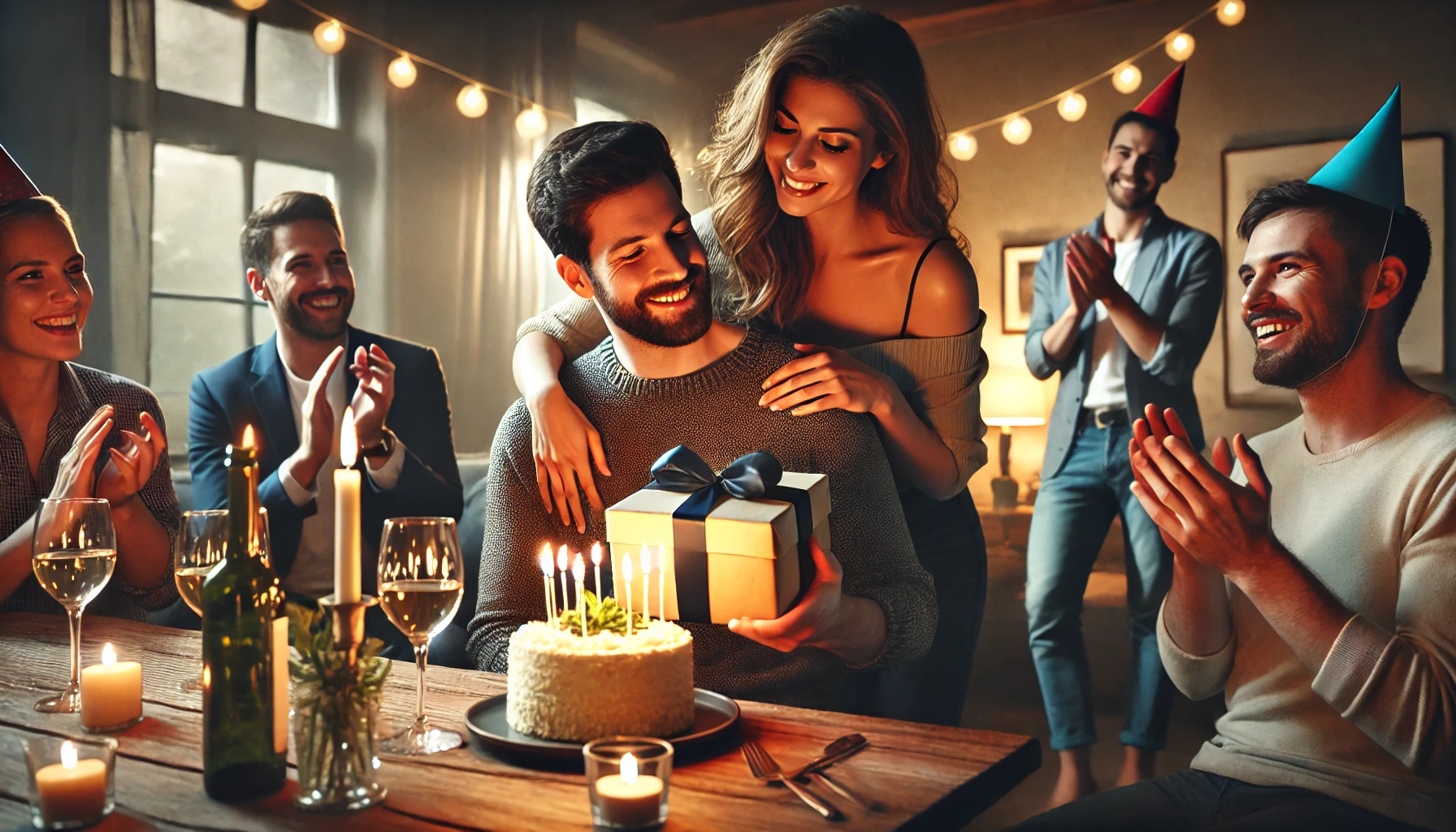 A group of family members gathered around a cake with candles, celebrating Happy Birthday Uncle.