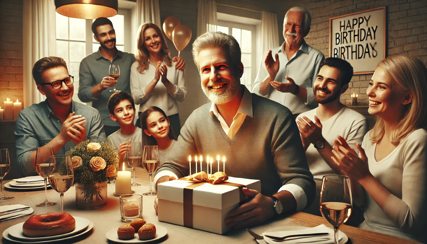 A group of family members smiling and holding a birthday cake for Great-Uncle.