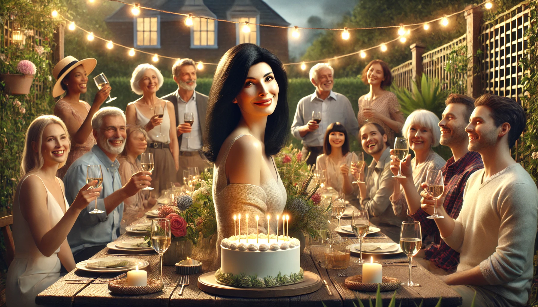 A group of family members gathered around a cake with "Happy Birthday Great-Aunt" written in frosting.