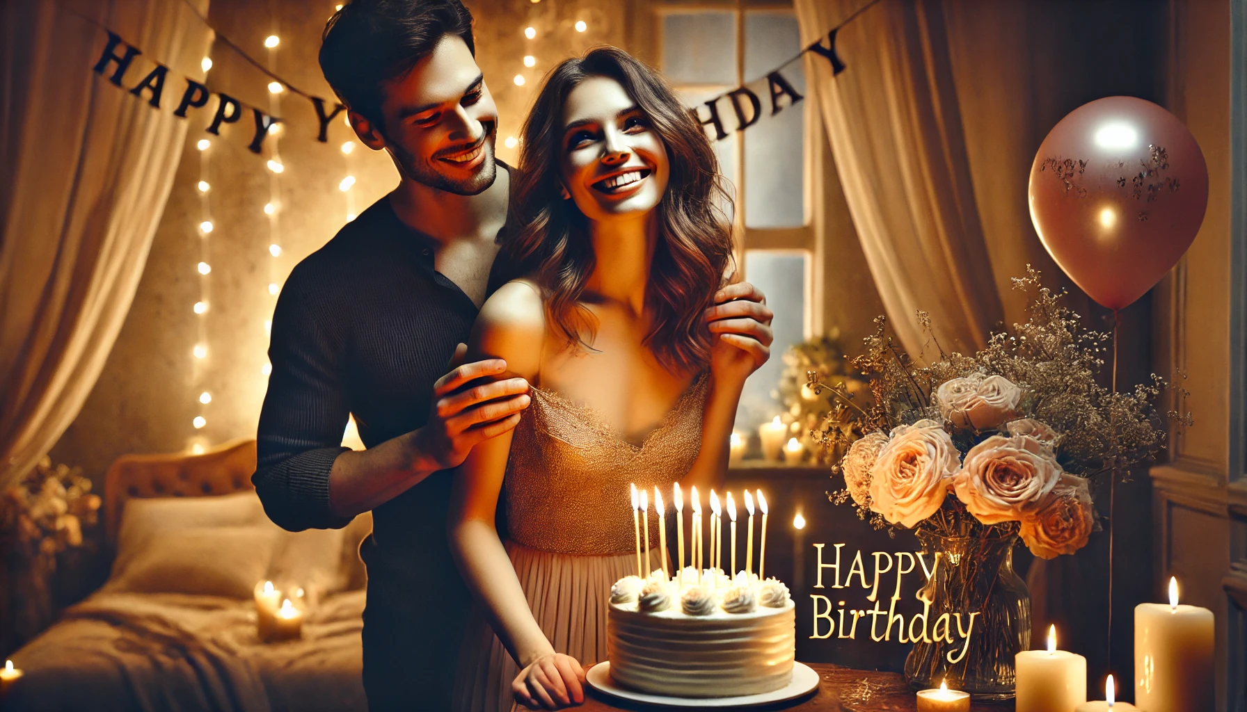 Man surprising his fiancée with birthday flowers – happy birthday fiancée celebration