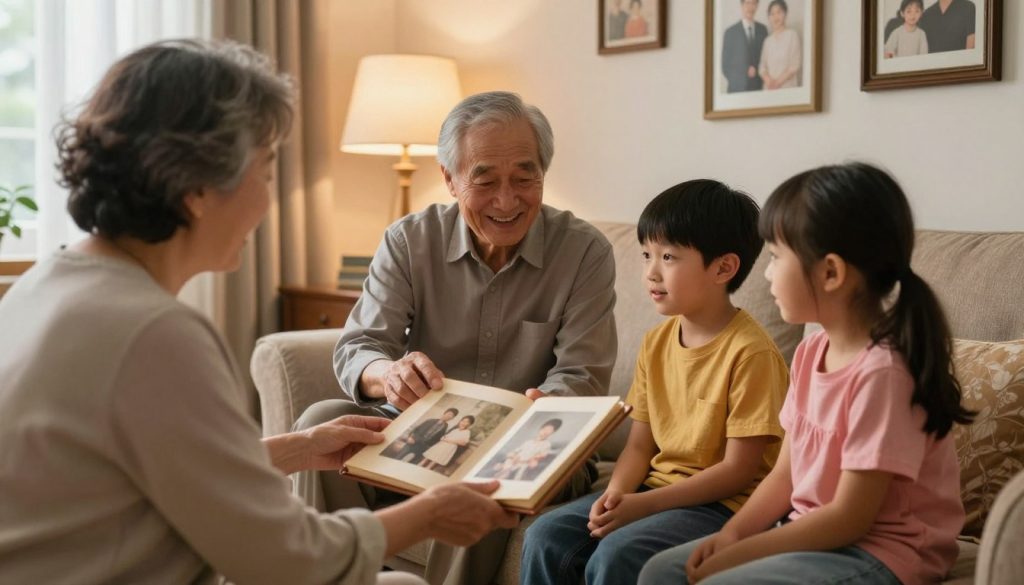 grandparents sharing family history with grandkids