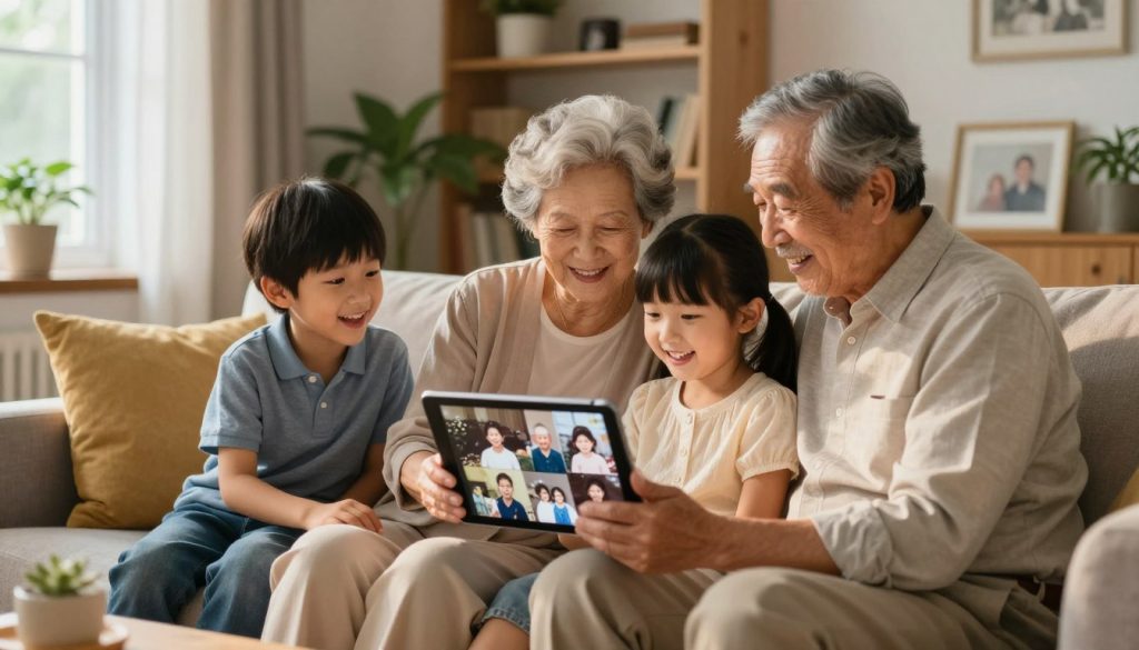 grandparents sharing family history with grandkids using digital tools